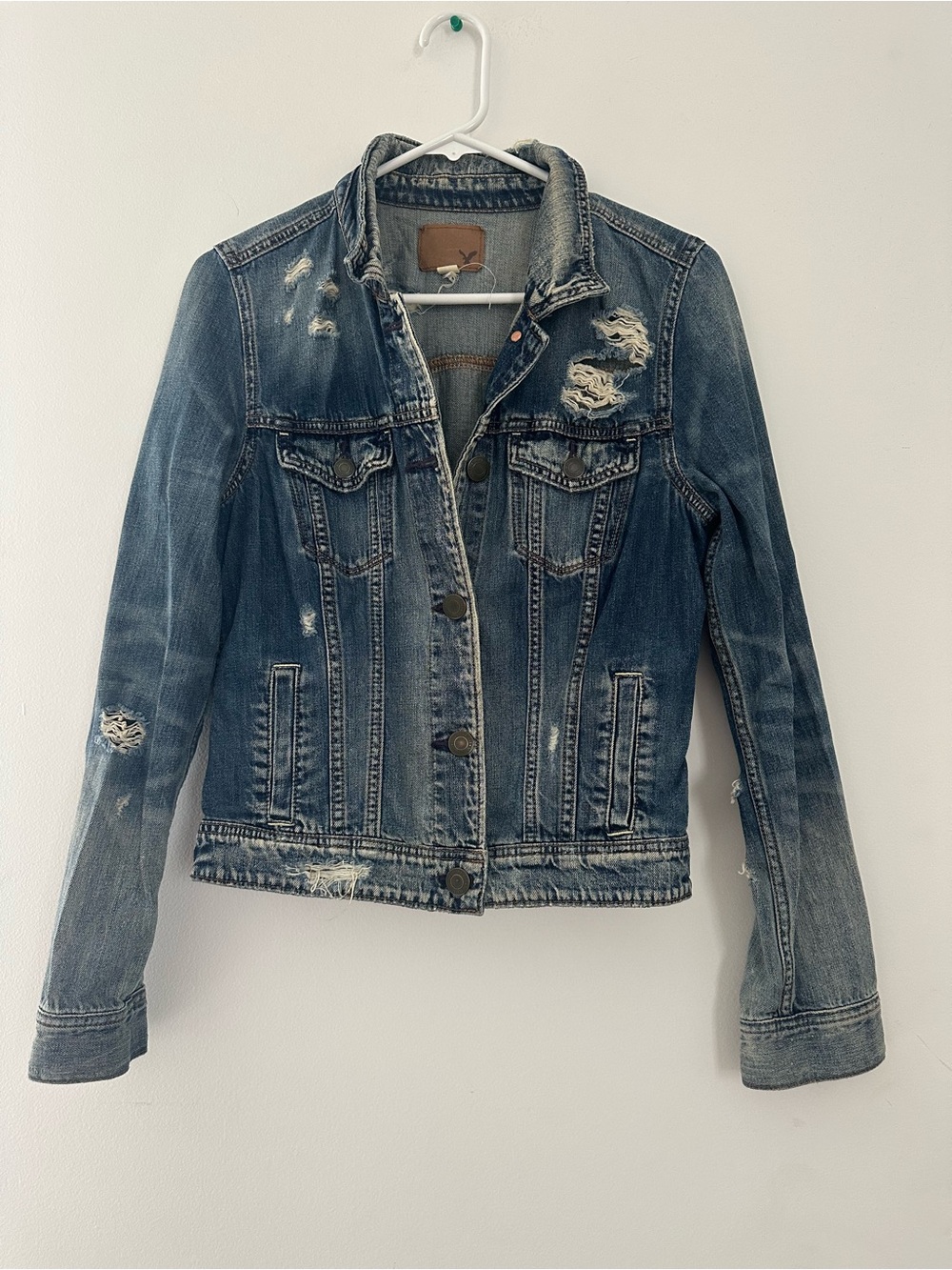 American Eagle Outfitters Denim Jacket with Brown Leather Patch